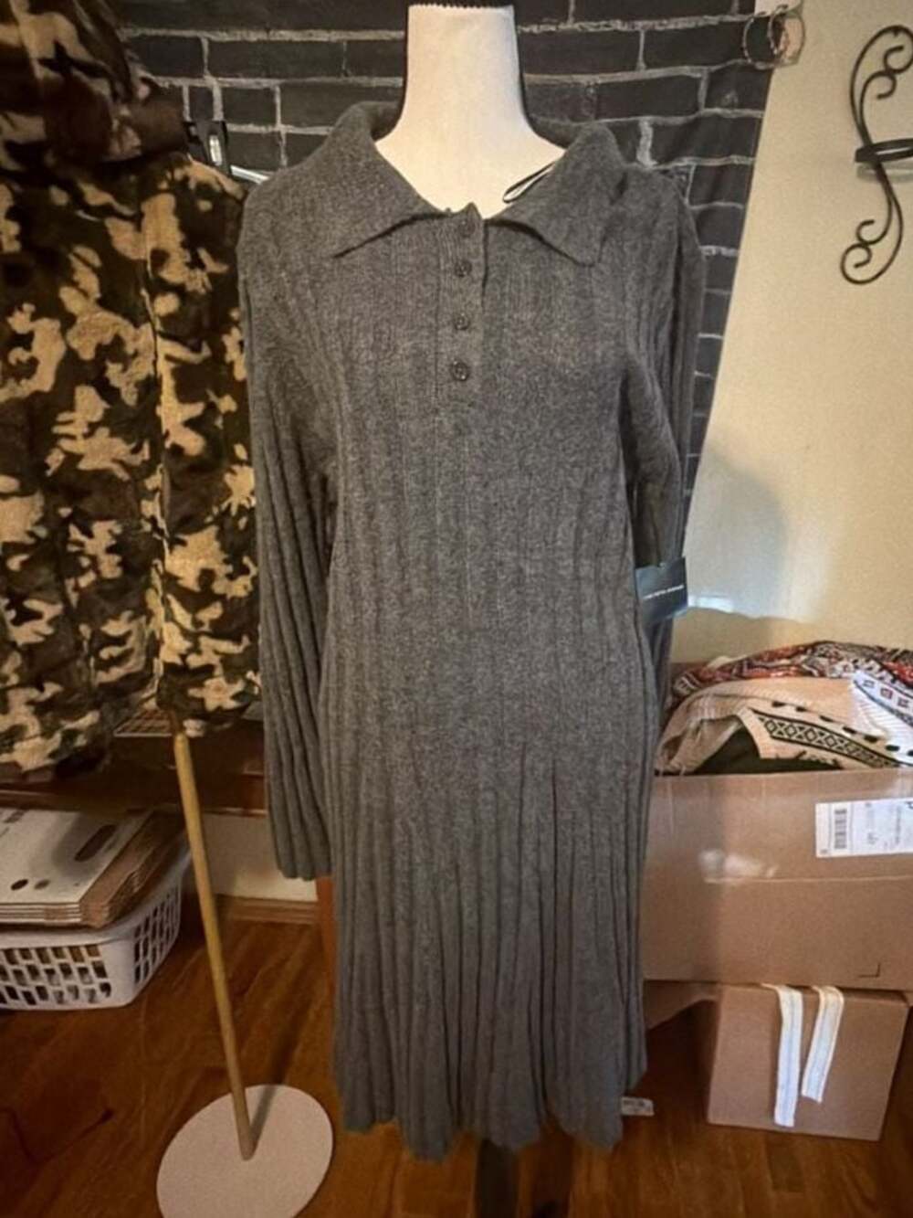 Saks Fifth Avenue Grey Ribbed Collared Button-Placket Long Sleeve Dress